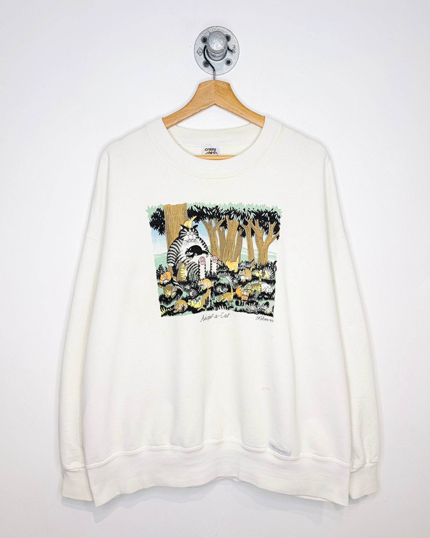 Vintage 1980s Adopt-a-Cat Crazy Shirt Graphic Block Print White Crewneck Sweatshirt