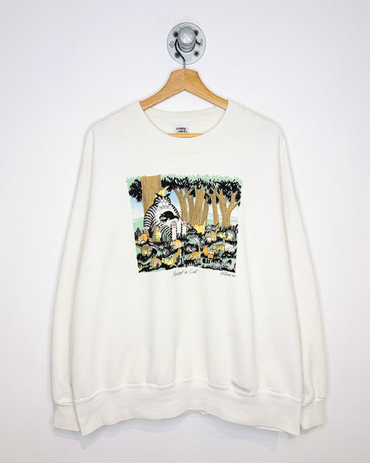 Vintage 1980s Adopt-a-Cat Crazy Shirt Graphic Block Print White Crewneck Sweatshirt