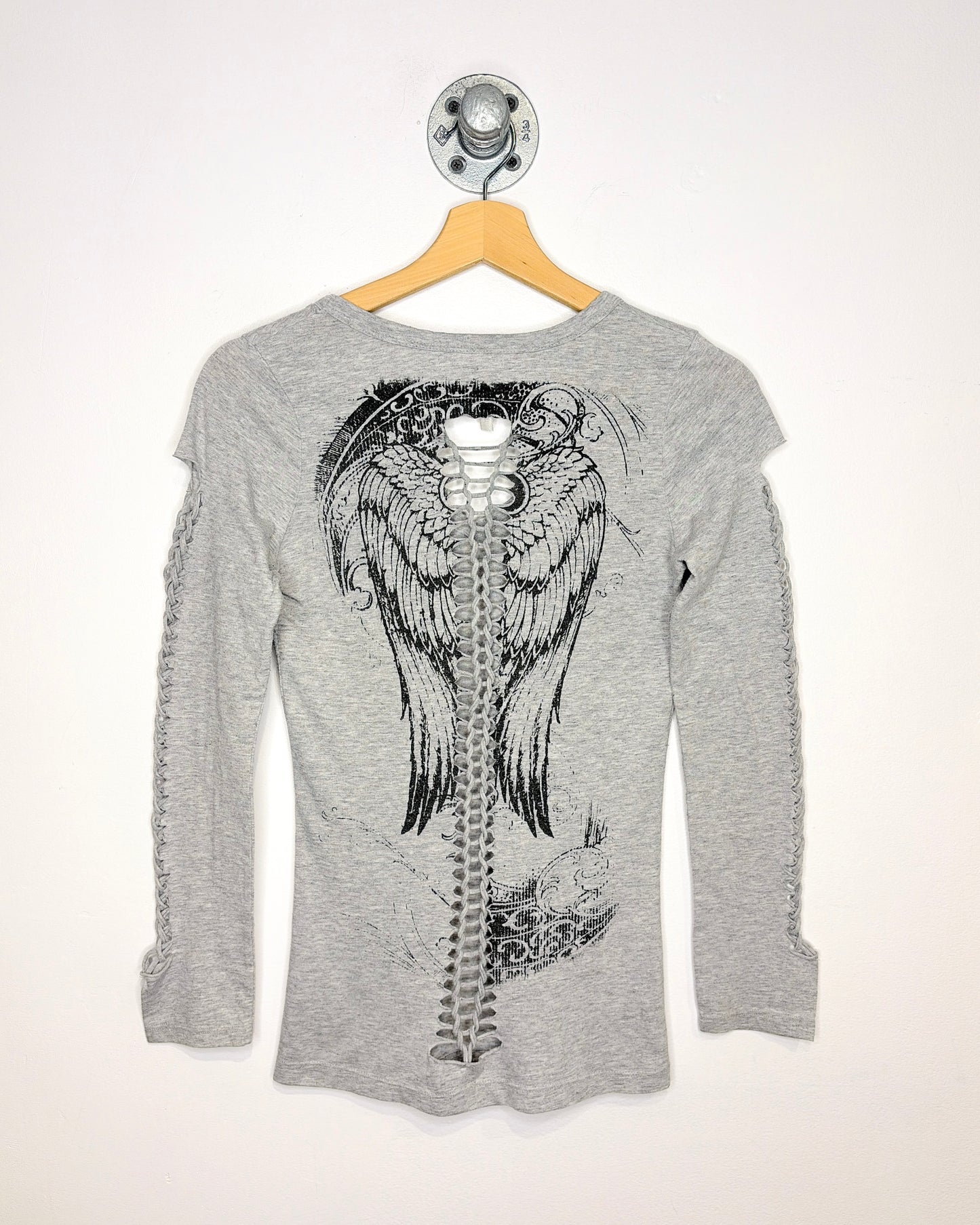 Y2K Women's Affliction Style Grey V-Neck Longsleeve Shirt