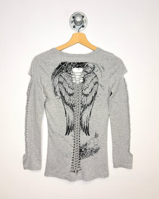 Y2K Women's Affliction Style Grey V-Neck Longsleeve Shirt