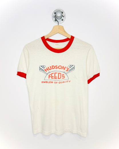 Vintage 70s Hudson’s Feeds White Ringer Tee Shirt