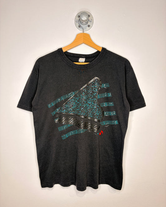 Vintage 80s Piano Graphic Paper Thin Black Tee Shirt