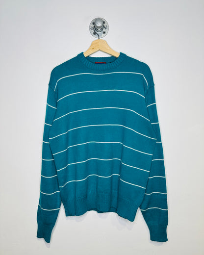 Vintage Late 1980s Traditionalists Turquoise And White Striped Acrylic Sweater