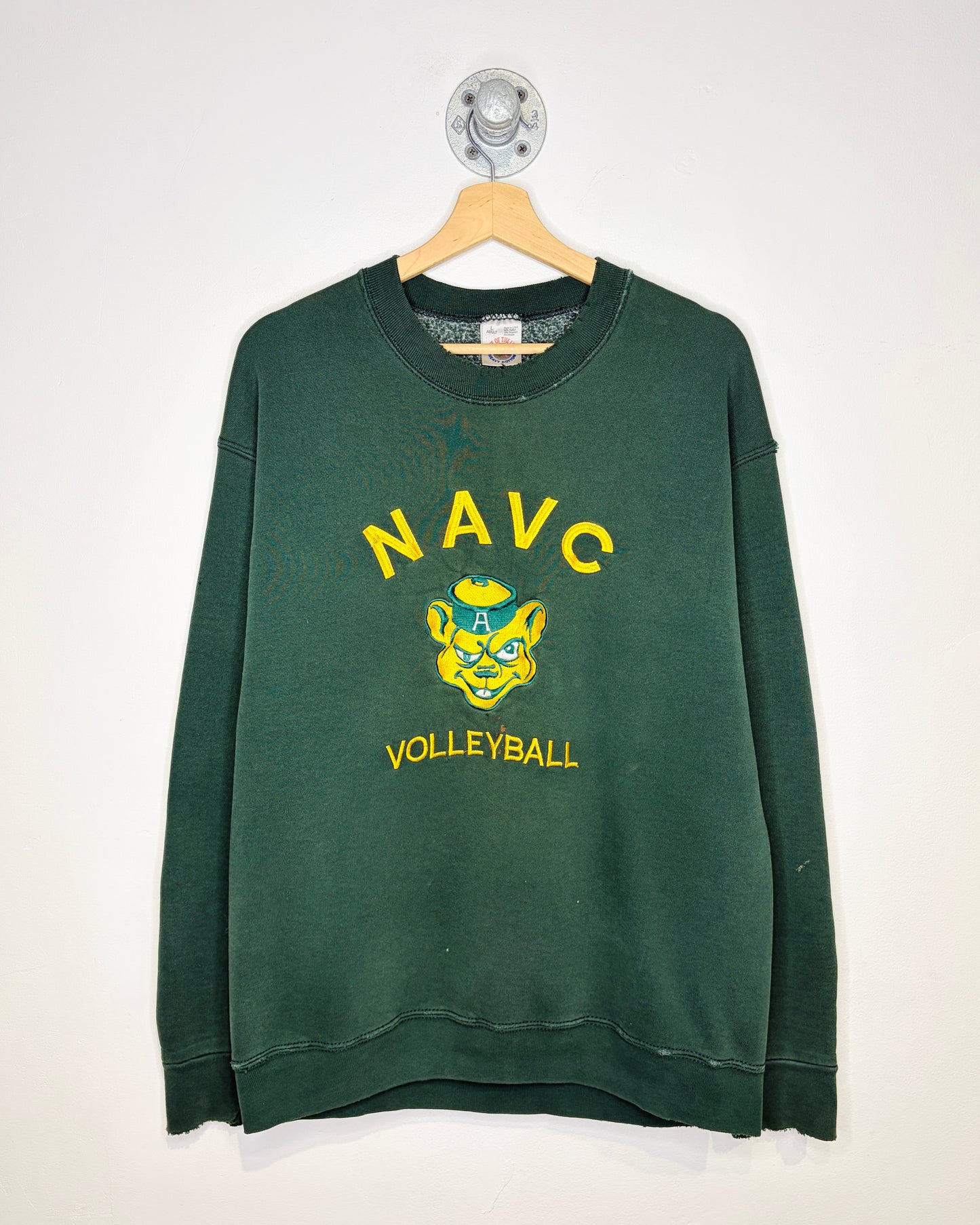 Vintage 90s Distressed NAVC University Of Alberta Voleyball Green Crewneck Sweatshirt