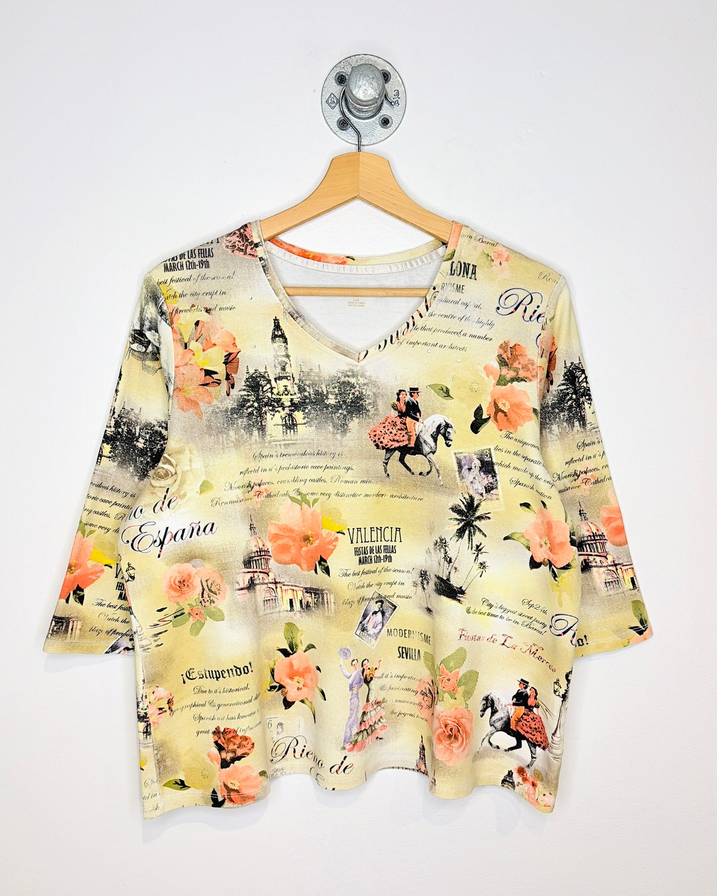 Valencia And Flowers Short Sleeve V Neck Tee Shirt