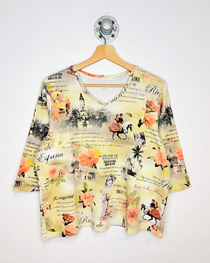 Valencia And Flowers Short Sleeve V Neck Tee Shirt