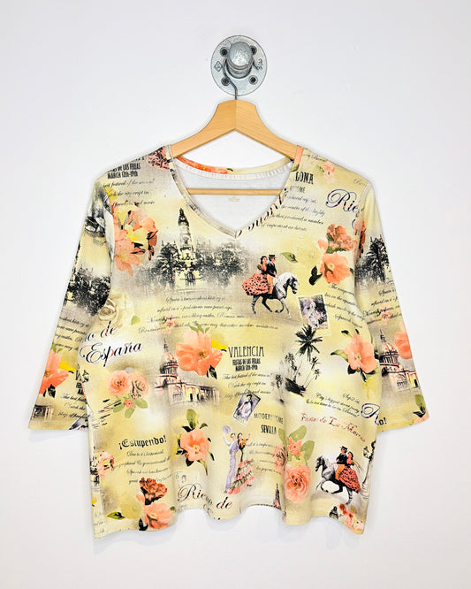 Valencia And Flowers Short Sleeve V Neck Tee Shirt
