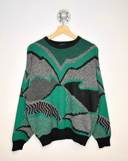 Vintage 90s Sears Abstract Black & Green Knit Sweater