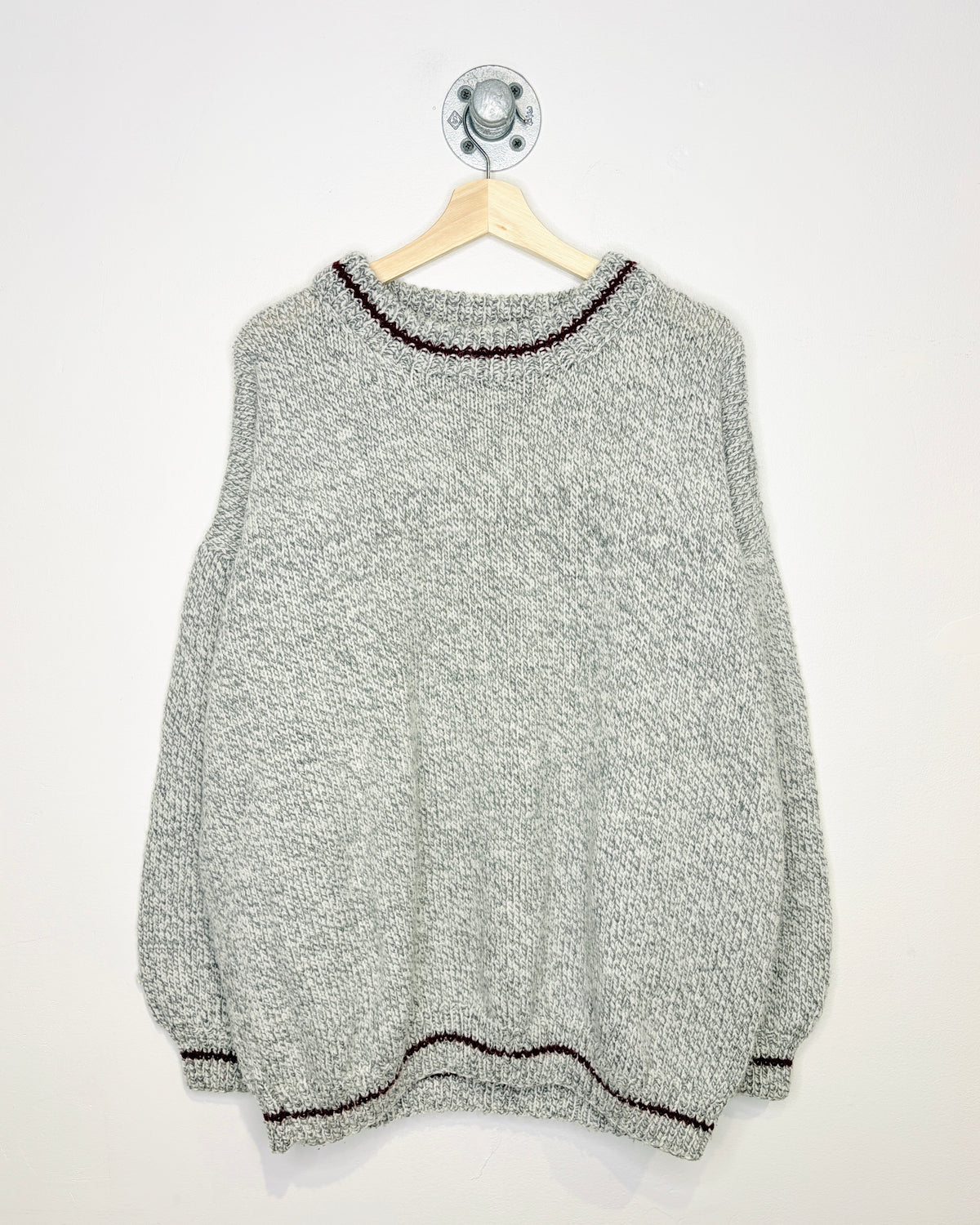 Vintage Hand-knit Ash Grey & Maroon Chunky Sweater