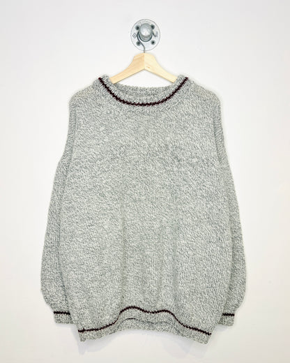 Vintage Hand-knit Ash Grey & Maroon Chunky Sweater
