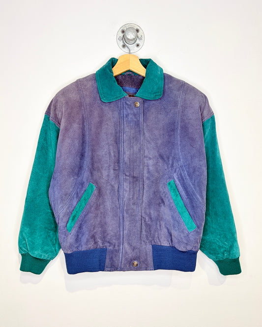 Vintage 90s Adventure Bound TwoTone Purple & Green Velvet Bomber Jacket