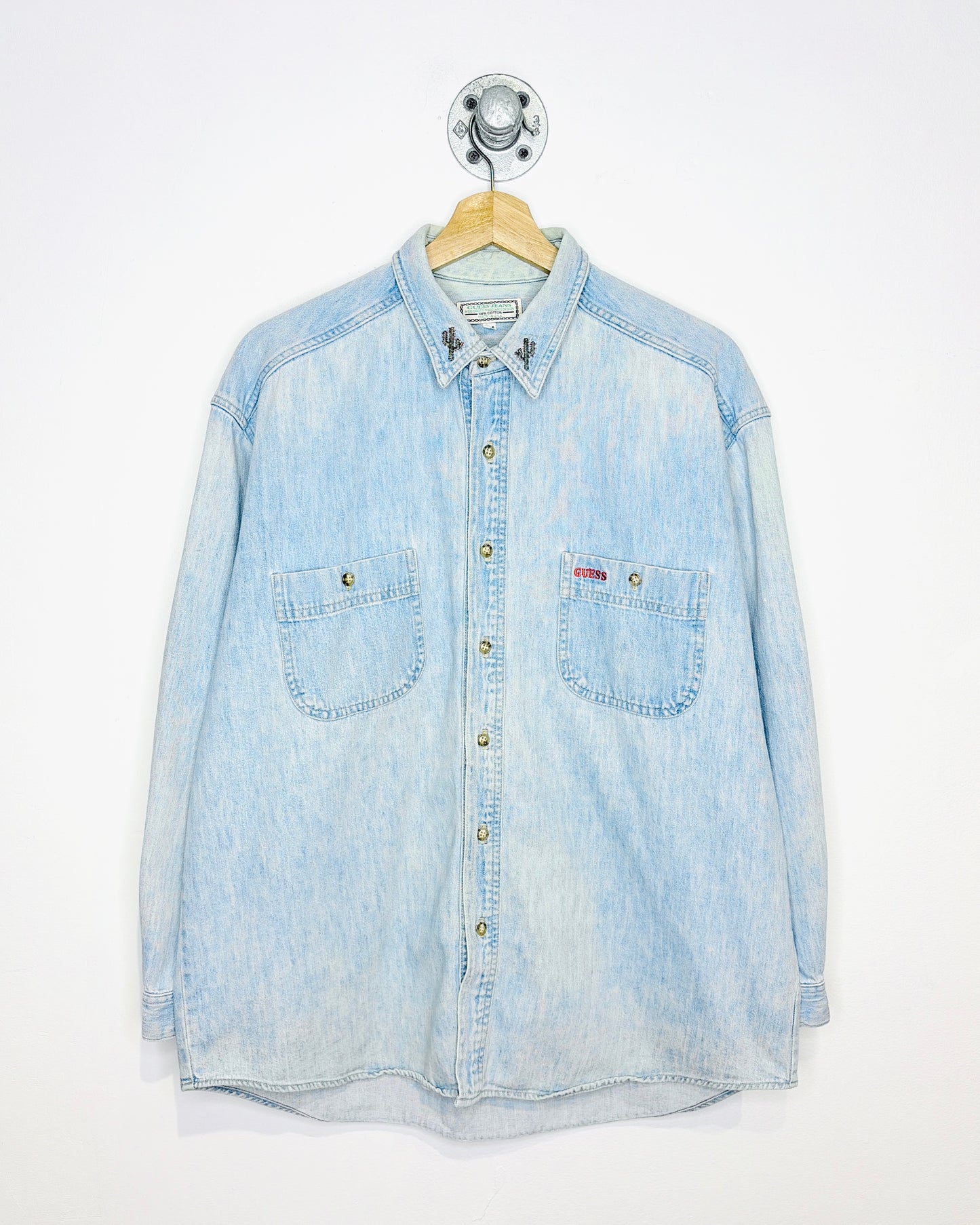 Vintage 90s Guess Cactus Collar Light Wash Denim Button Up Shirt