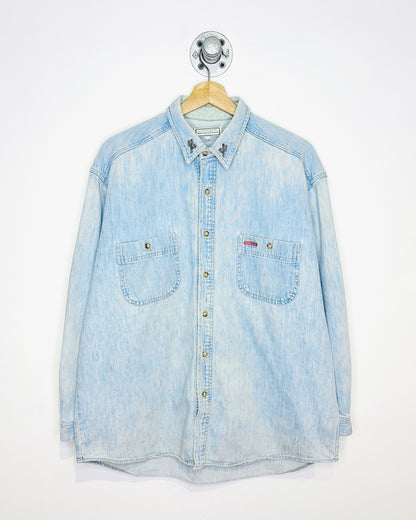 Vintage 90s Guess Cactus Collar Light Wash Denim Button Up Shirt