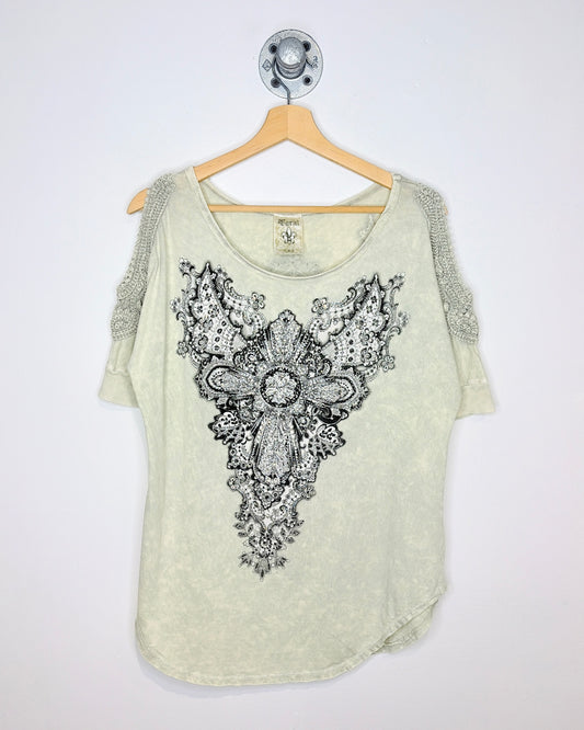 Local U.S.A Rhinestone “Affliction Style” Braided Shoulder Short Sleeve Tee Shirt