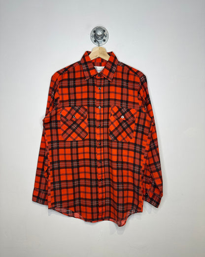 Vintage 1980s Sears Wearmaster Faded Red And Black Plaid Two Pocket Long Sleeve Shirt