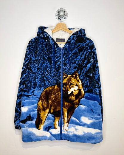 Vintage Wolf All-Over-Print Sherpa-Lined Fleece Zip Up Hoodie