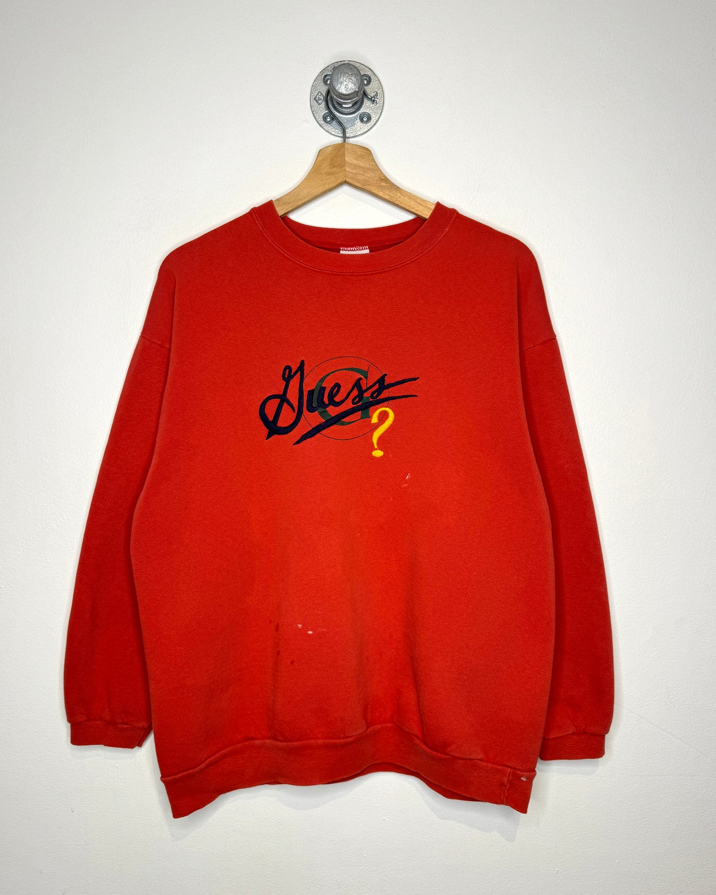 Vintage 90s Guess Embroidered Faded Red Crewneck Sweatshirt