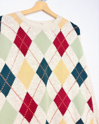 Vintage 1990s Classic Argyle Patterned Oatmeal Cotton Blend Sweater