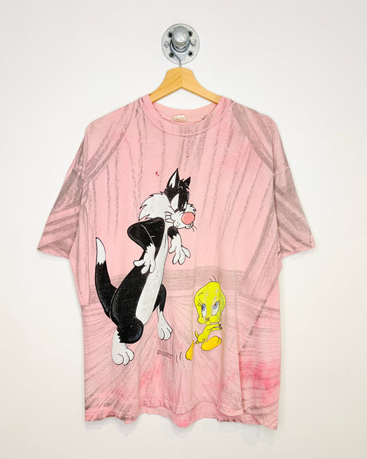 Vintage 1992 Novel Teez Tweety Sylvester Pink Distressed Tee Shirt