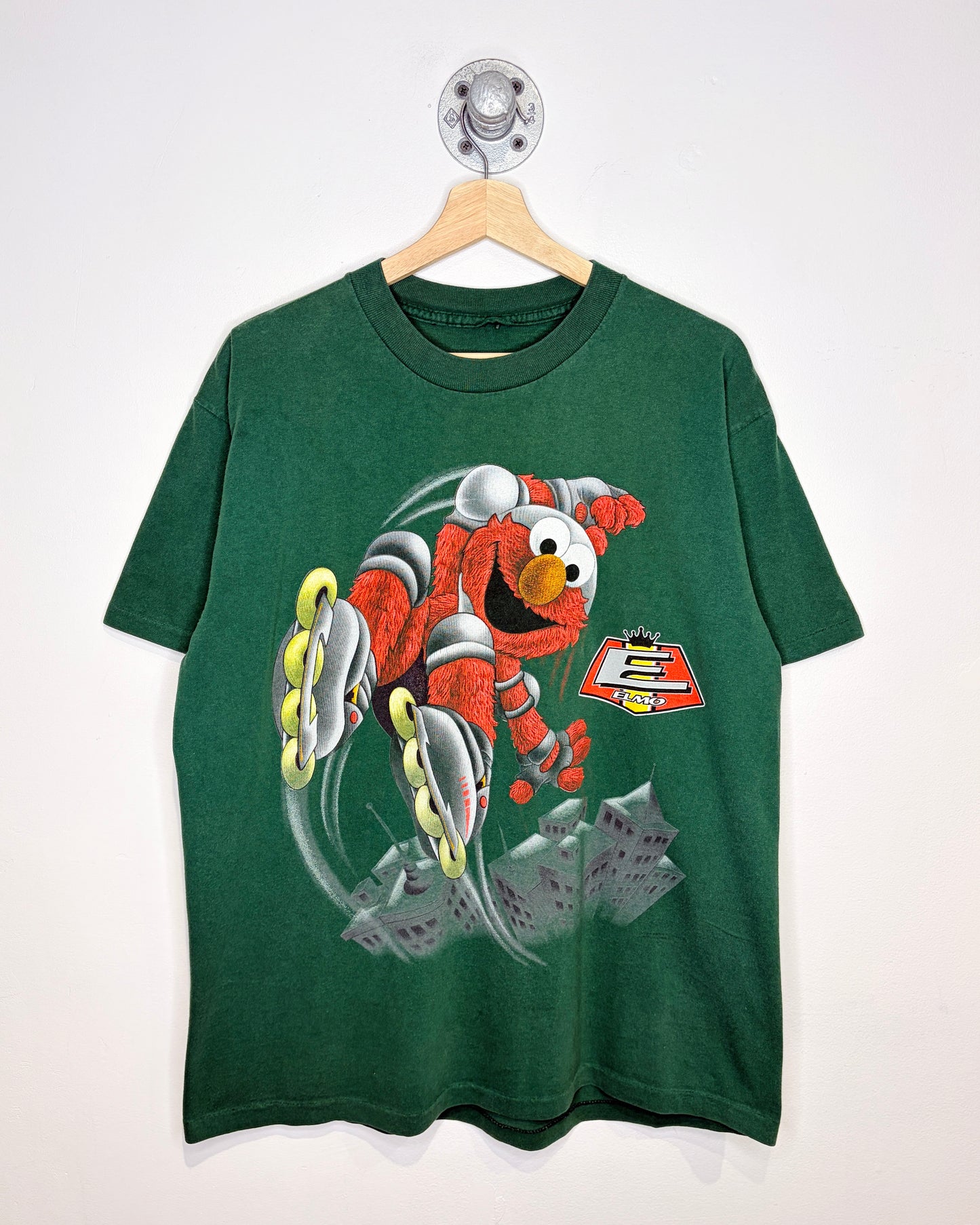 Vintage 90s Sesame Street Elmo Rollerblade Green Tee Shirt