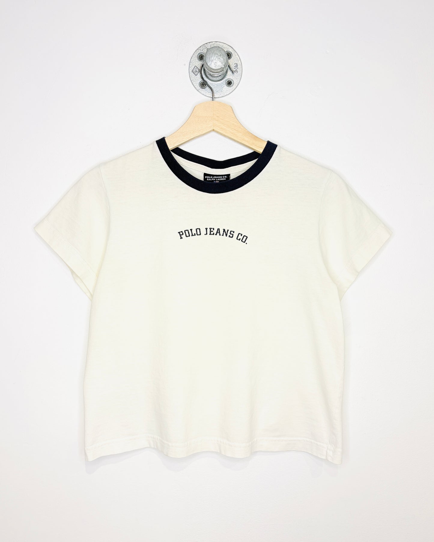 Vintage 90s/Y2K Women's Polo Jeans Ralph Lauren White & Navy Tee Shirt