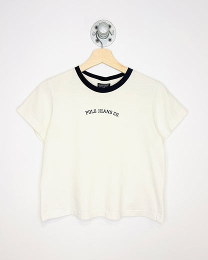Vintage 90s/Y2K Women's Polo Jeans Ralph Lauren White & Navy Tee Shirt