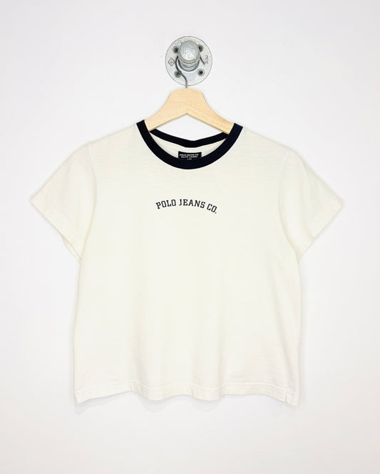 Vintage 90s/Y2K Women's Polo Jeans Ralph Lauren White & Navy Tee Shirt