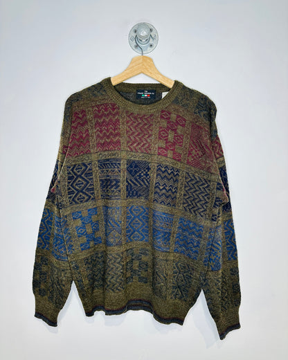 Vintage 1980s The Italian Sweater Co. Olive And Blue Abstract Patterned Acrylic And Wool Sweater