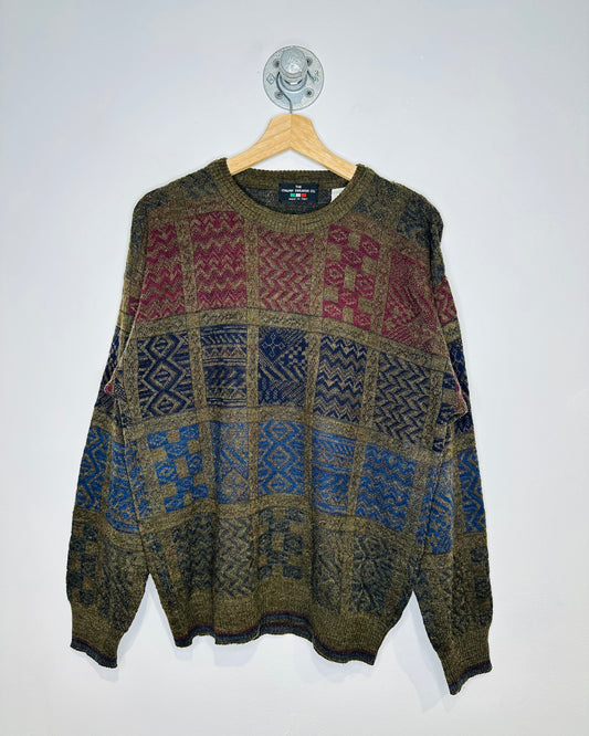 Vintage 1980s The Italian Sweater Co. Olive And Blue Abstract Patterned Acrylic And Wool Sweater