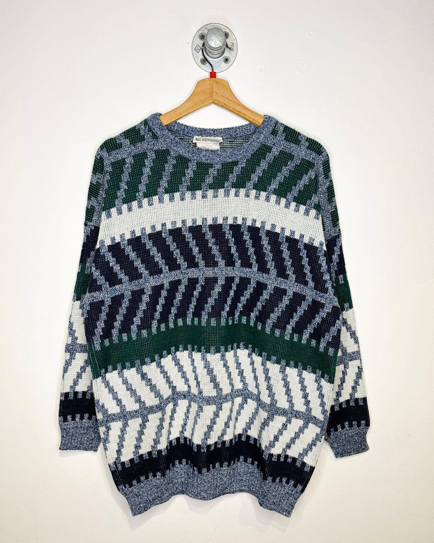 Vintage 1980s 19th Avenue Green And Navy And White Abstract Print Sweater