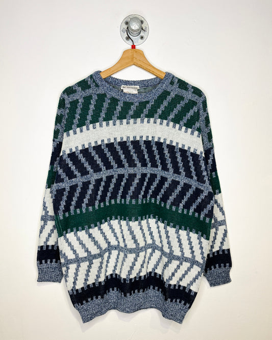Vintage 1980s 19th Avenue Green And Navy And White Abstract Print Sweater