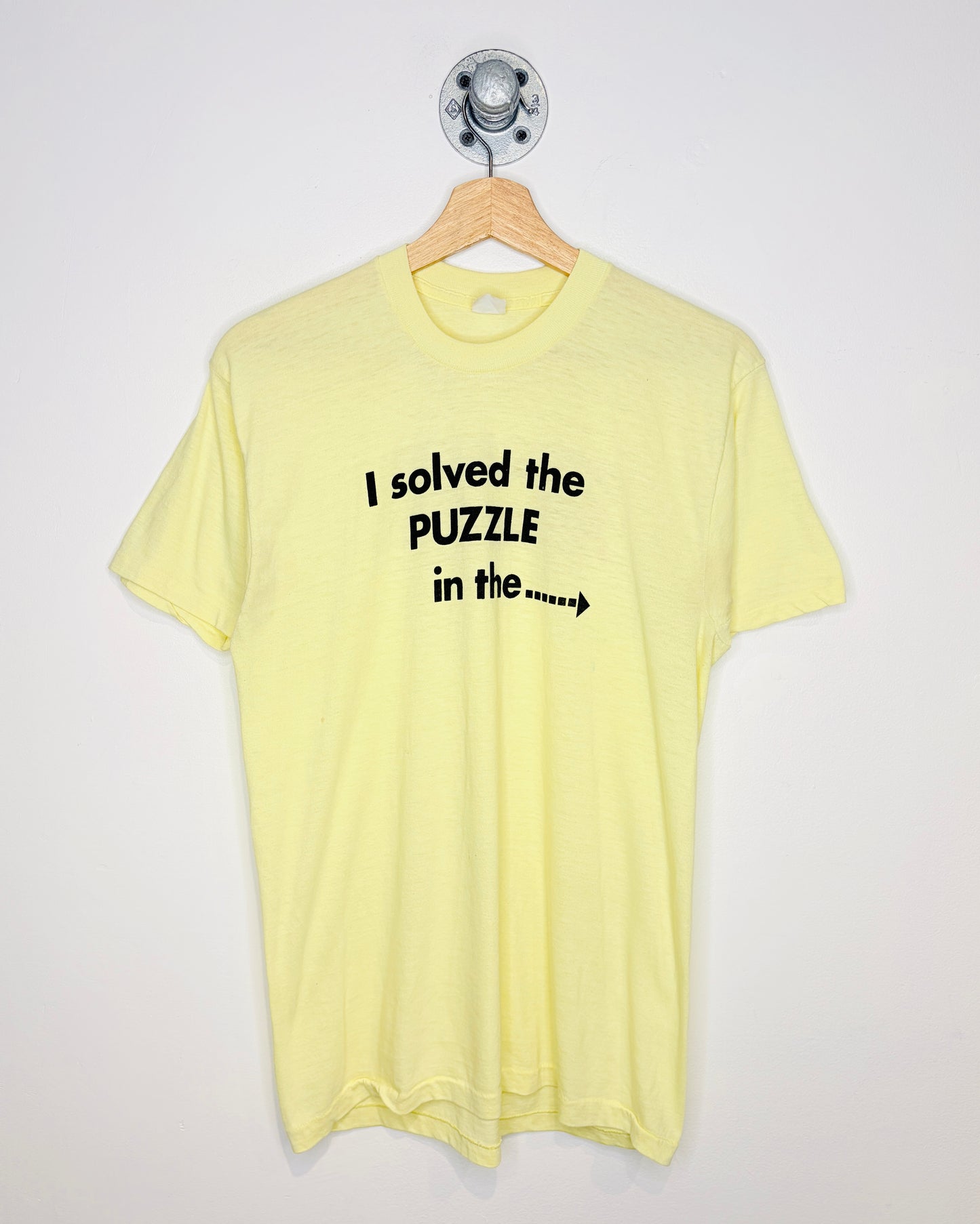 Vintage 70s “I Solved The Puzzle In The Staten Island Advance” Paper Thin Pale Yellow Tee Shirt