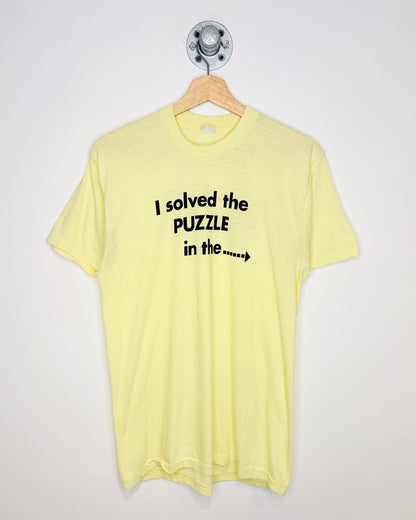 Vintage 70s “I Solved The Puzzle In The Staten Island Advance” Paper Thin Pale Yellow Tee Shirt