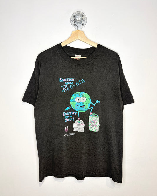 Vintage 1990 Earthy Says Recycle Black Tee Shirt