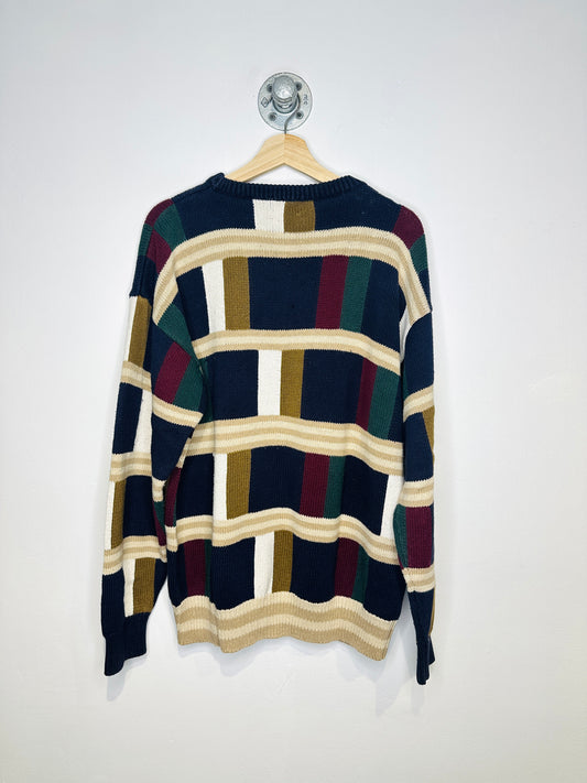Vintage 2000s Navy Burgundy Green Block Print Cotton Blend Sweater