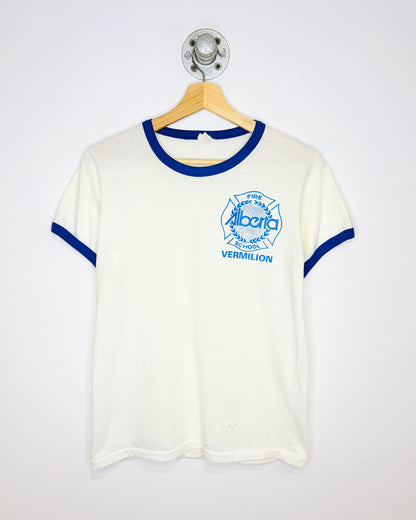 Vintage 1980s Alberta Fire School Vermilion Blue Ringer Tee Shirt