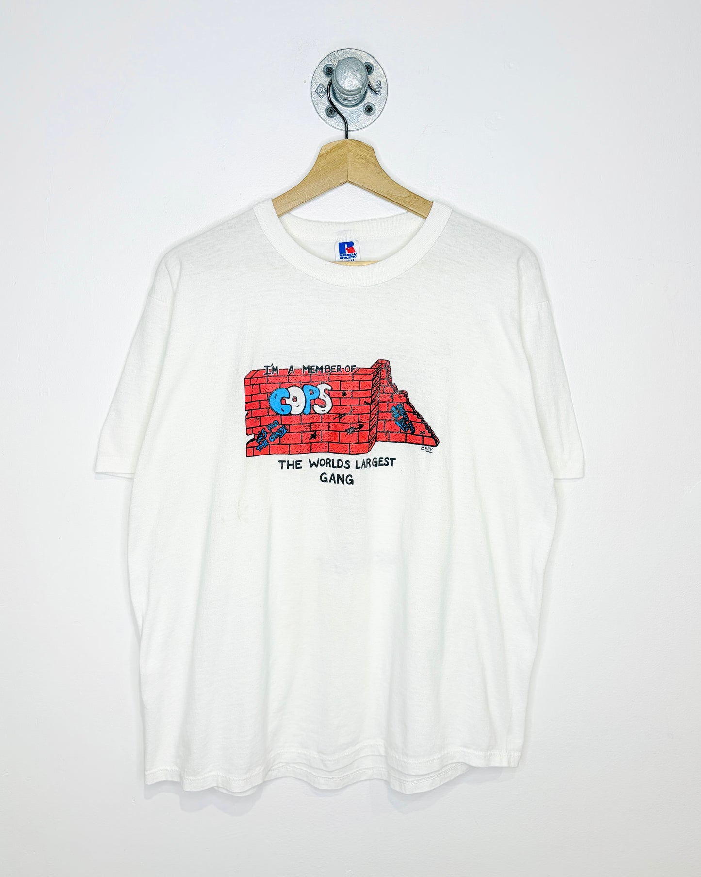 Vintage 80s Russell Athletic “Bad Boys Whatcha Gonna Do?” White Tee Shirt