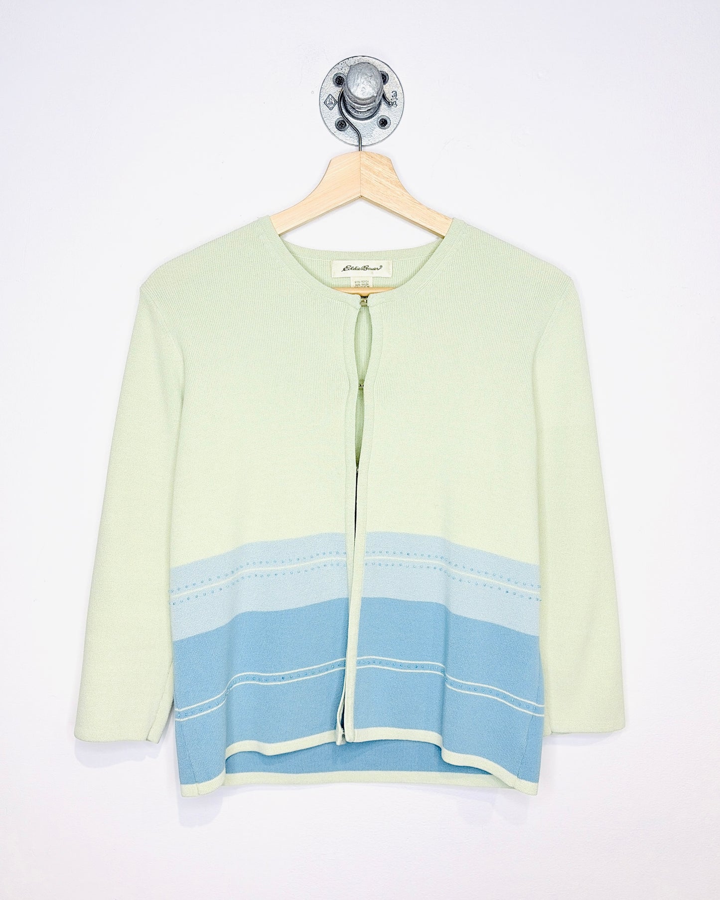 Vintage 90s Women's Eddie Bauer Pale Green & Blue Cardigan