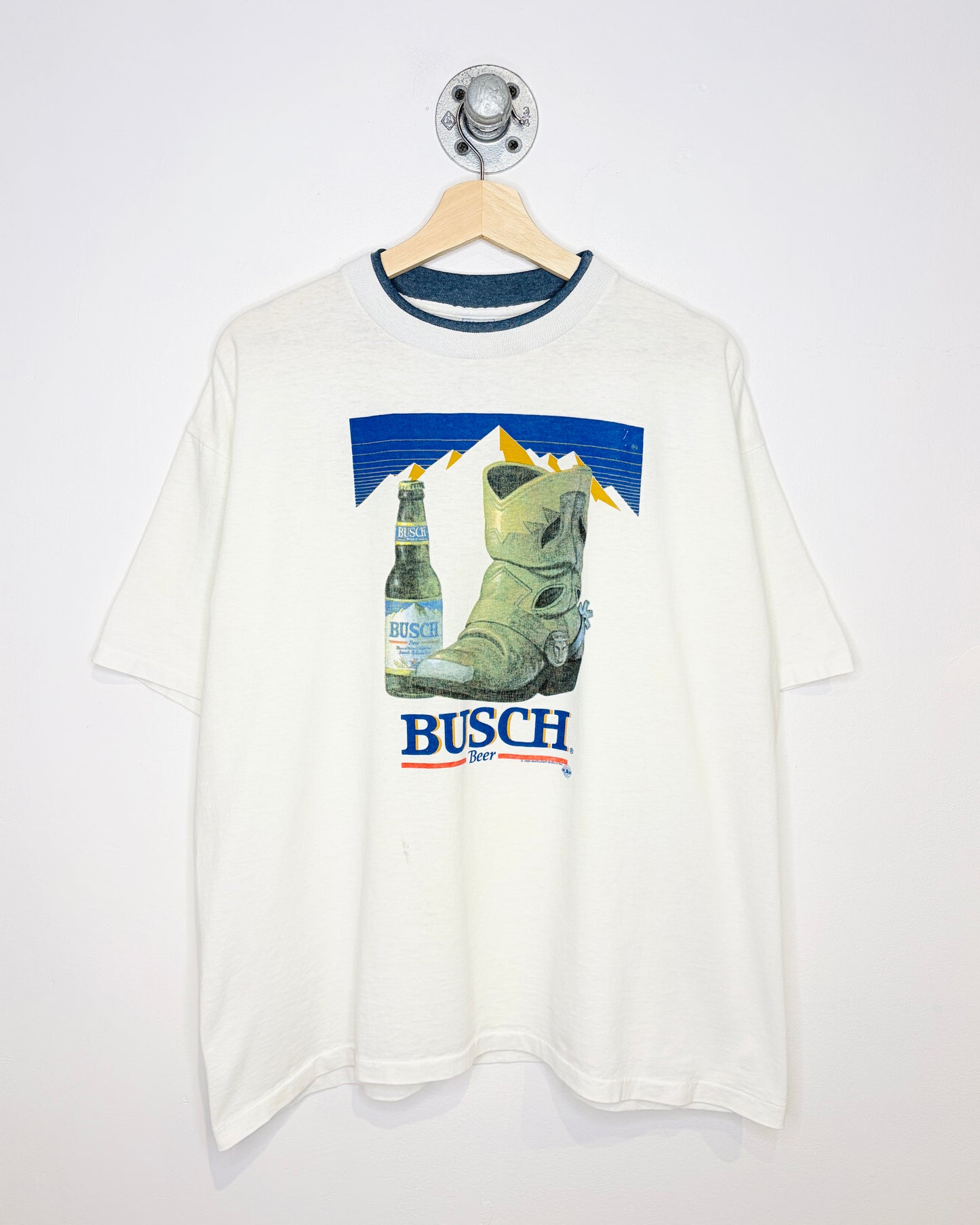 Vintage 1993 Busch Beer Double Collared White Tee Shirt