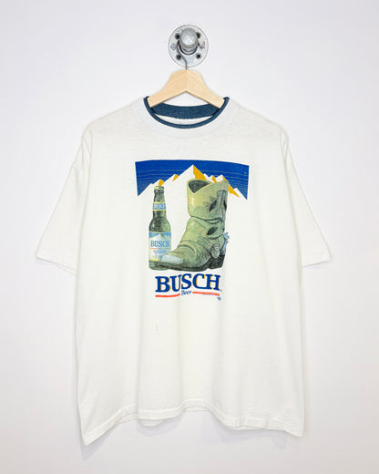 Vintage 1993 Busch Beer Double Collared White Tee Shirt