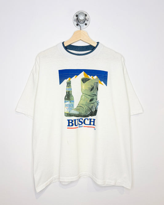 Vintage 1993 Busch Beer Double Collared White Tee Shirt