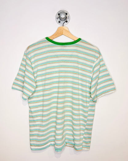 Vintage 90s Women’s Green & White Striped V-Neck Tee Shirt