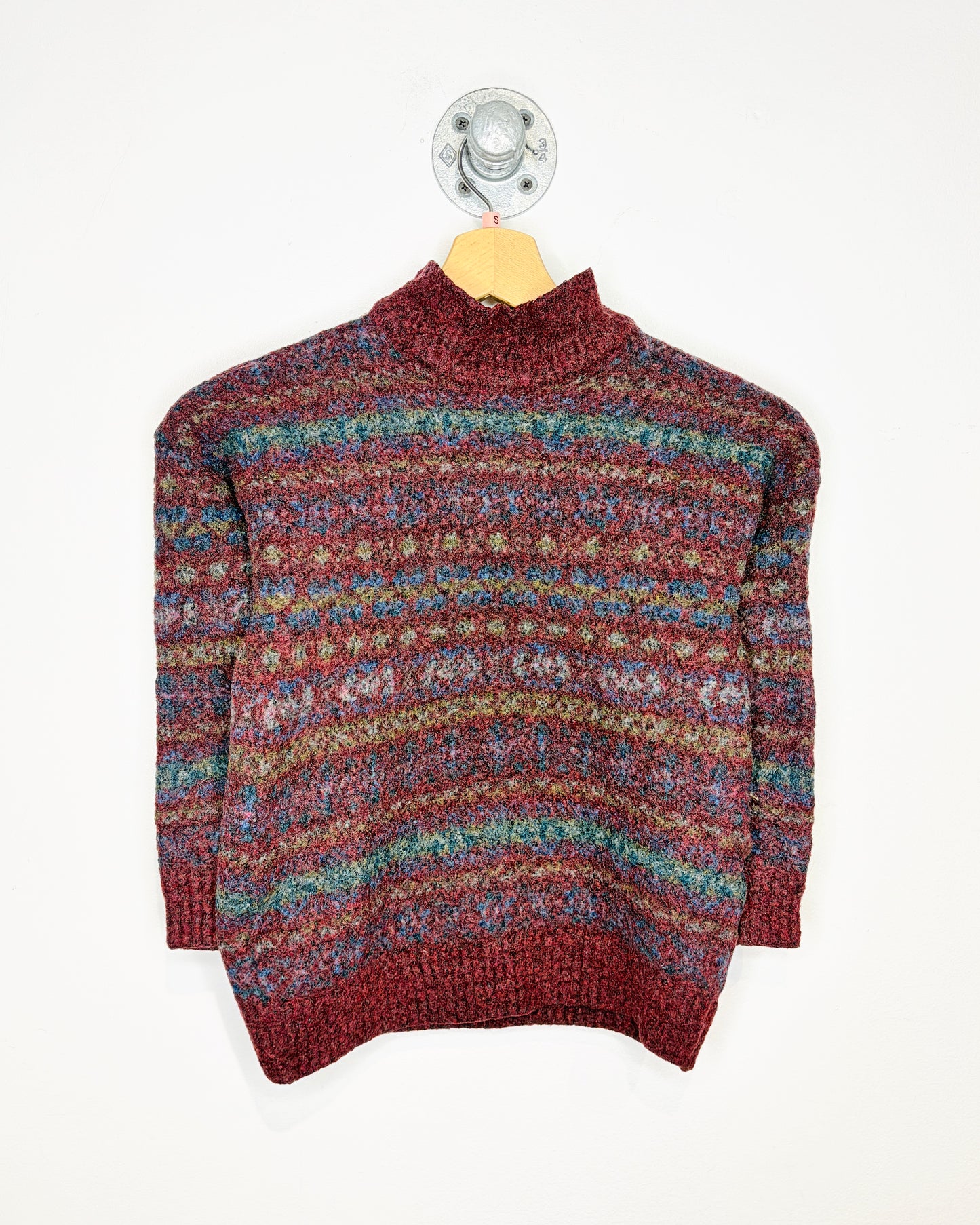 Vintage 1970s Nor’ Easterly Wool Blend Burgundy And Green Mock Neck Sweater