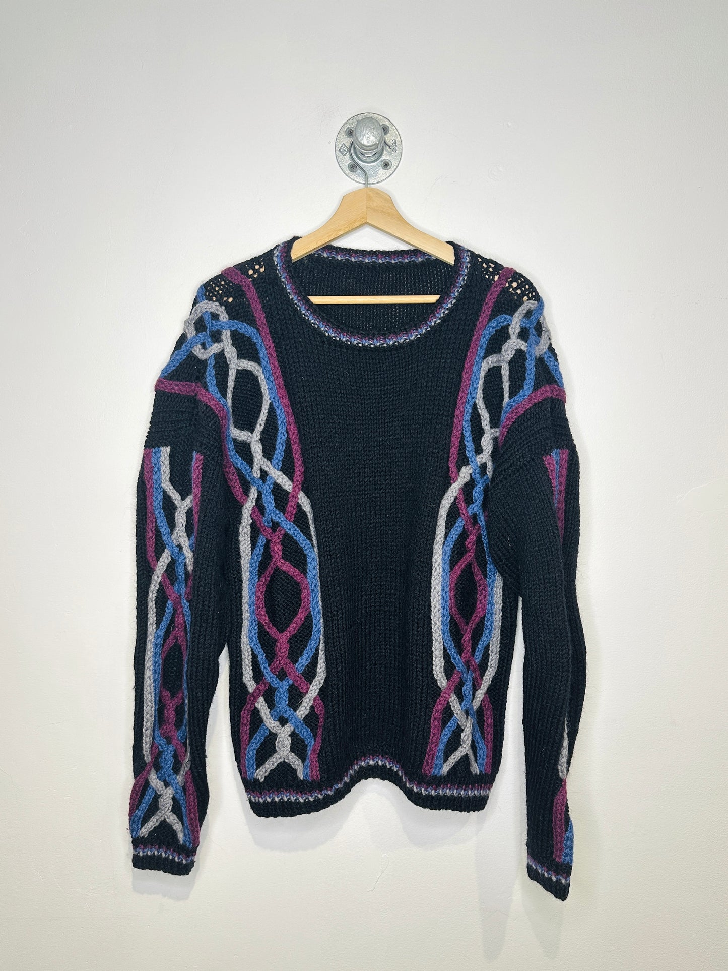 Vintage 1970s Black Purple Blue Cable Knit Sweater
