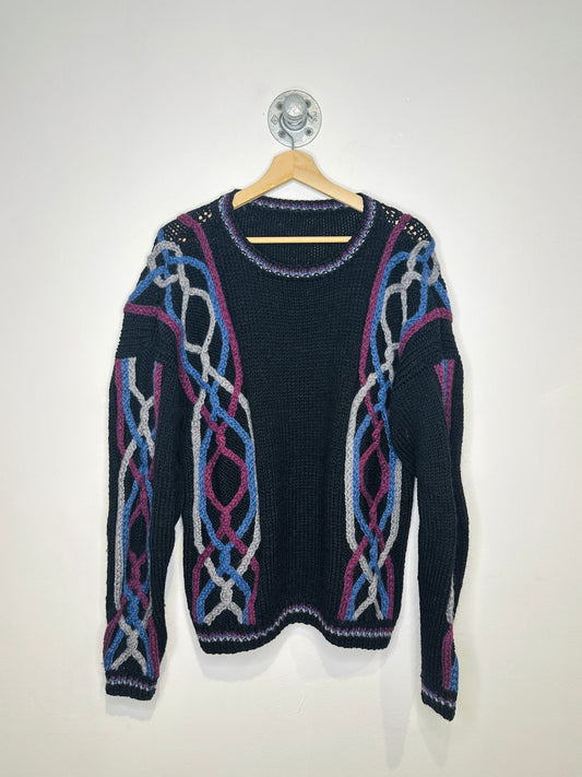 Vintage 1970s Black Purple Blue Cable Knit Sweater