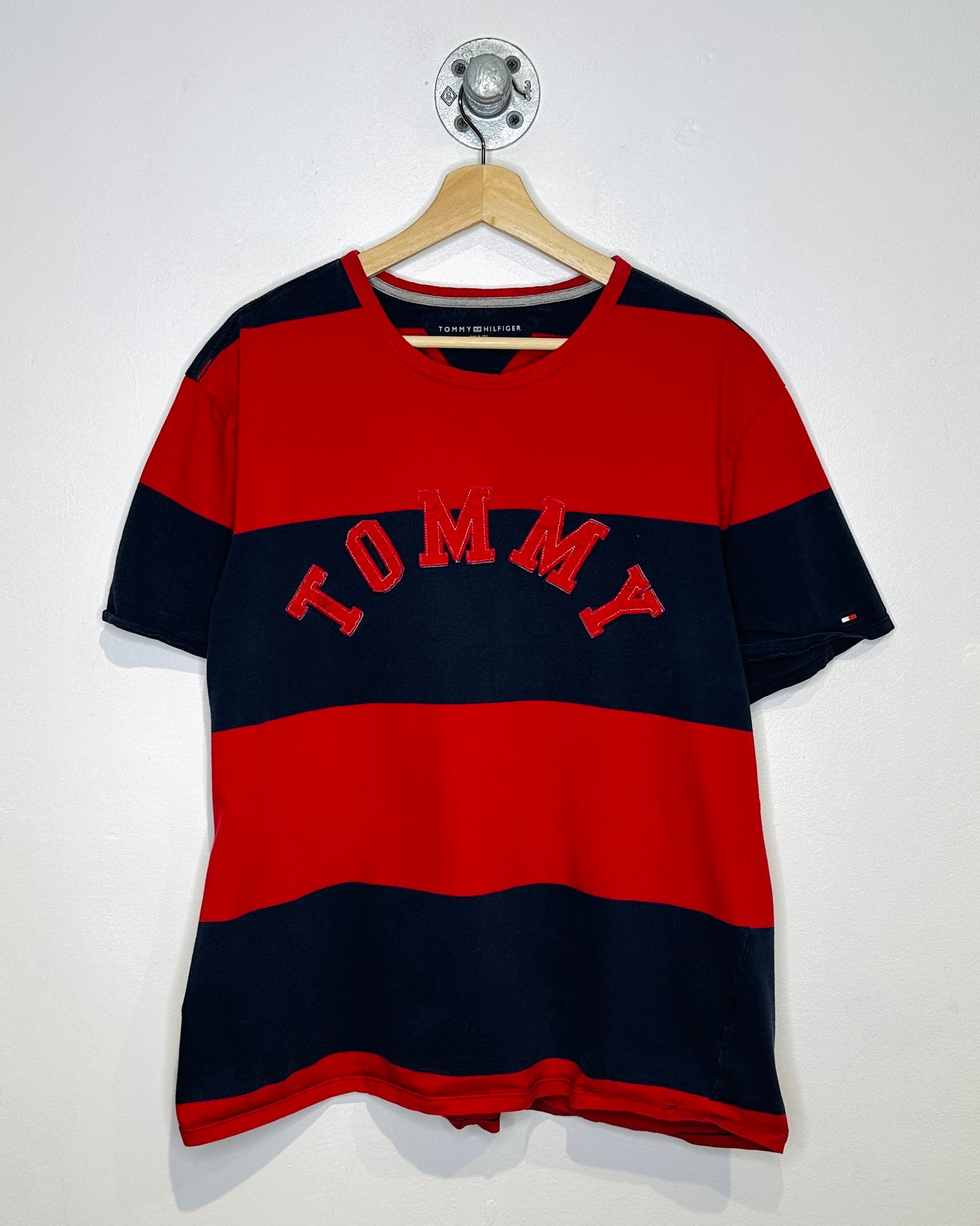 2000s Tommy Hilfiger Stitched Spellout Striped Tee Shirt