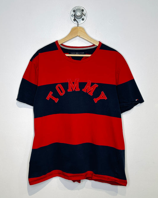 2000s Tommy Hilfiger Stitched Spellout Striped Tee Shirt
