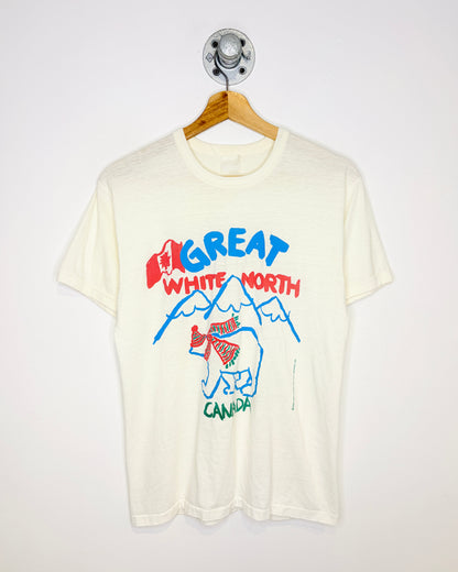 Vintage 80s Great White North Canada Thin White Ringer Tee Shirt
