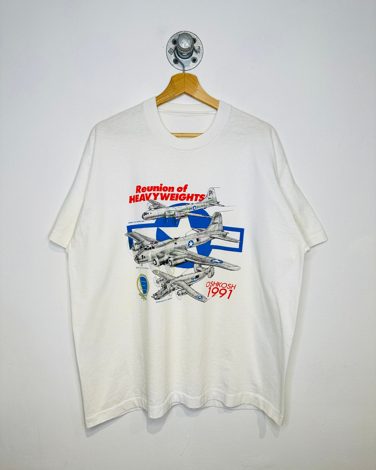 Vintage 1991 Reunion Of Heavyweights Oshkosh EAA Graphic White Tee Shirt