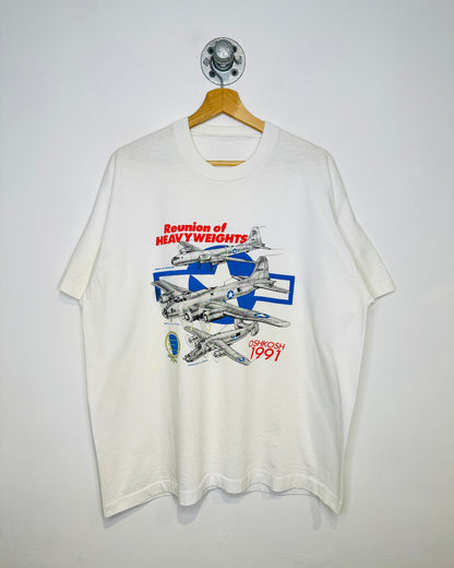 Vintage 1991 Reunion Of Heavyweights Oshkosh EAA Graphic White Tee Shirt